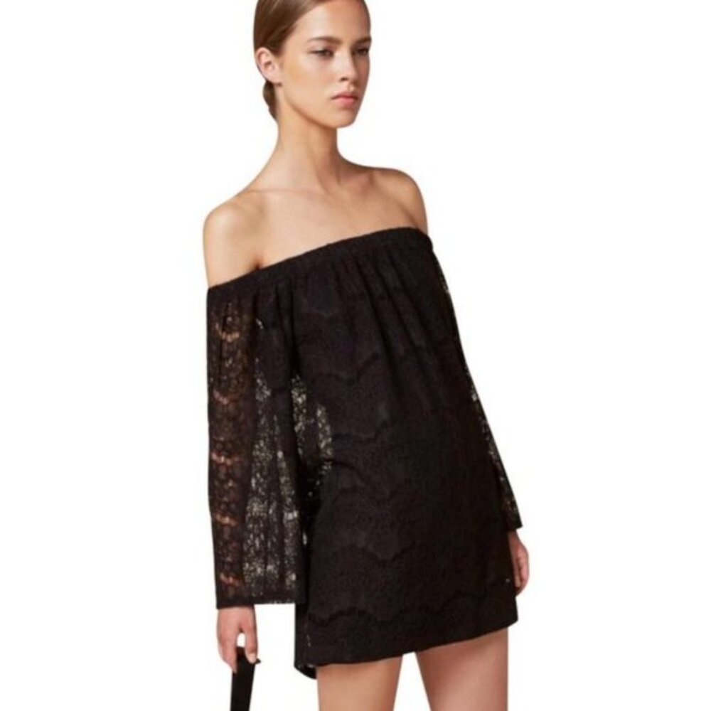 Reformation Paige Black Lace Off-Shoulder Bell Sleeve Mini Dress Size S